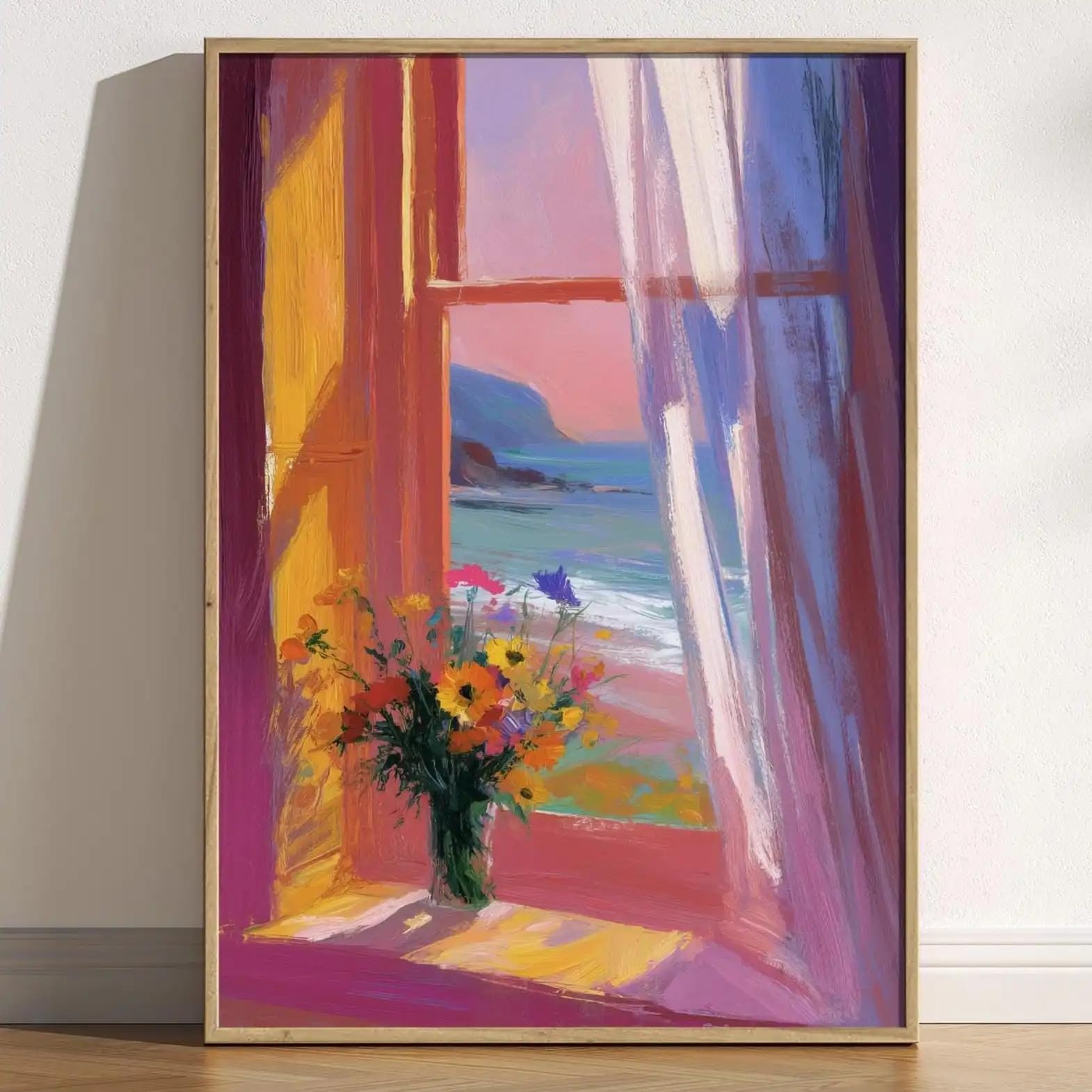 GOSRD Open Window Henri Matisse Print Style Fauvism Painting Exhibition Mediterranean Sea Orange Tree Coastal View Boats(70x100cm)