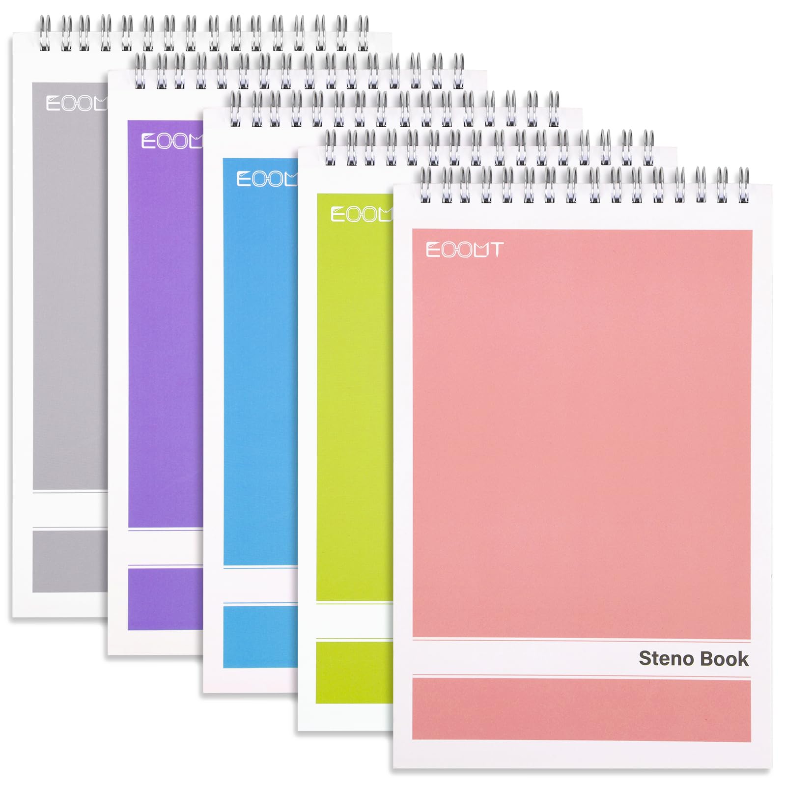 EOOUT 5 Pack 80 Sheets Top Spiral Steno Pads, 6 x 9Inches, White Paper Notepads, Gregg Rule, Steno Notebook for Writing, Assorted Covers, Pink, Purple, Yellow, Blue, Grey