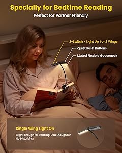 Glocusent Wingy Book Light, 48 LED Reading Light with Sleep Aid & Timer, 2-Switch, 5 Brightness & 3-Color Rechargeable Clip on Book Light for Reading in Bed at Night, Book Accessories for Book Lovers