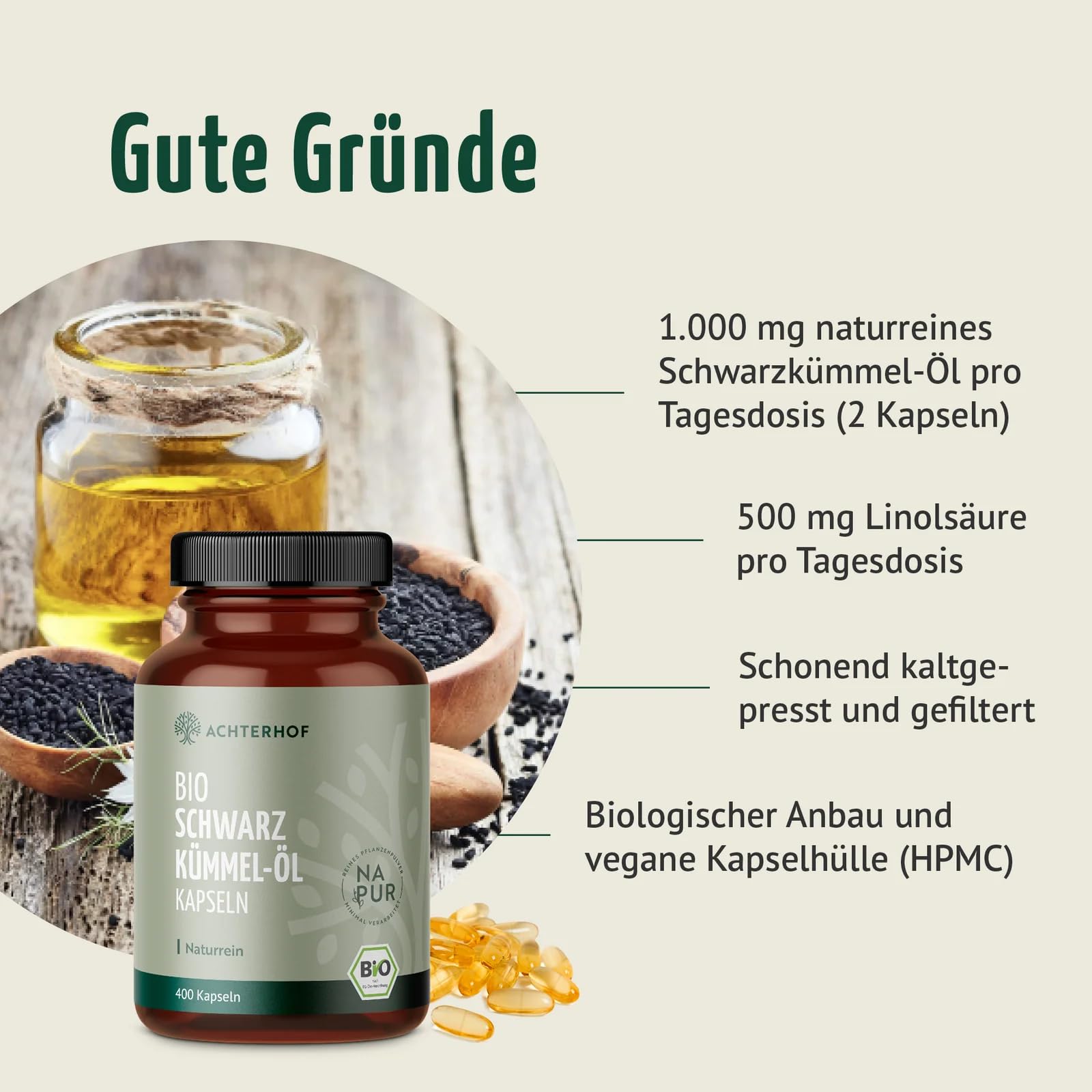 Bio Schwarzkümmel-Öl Kapseln 400 Stück | 1000mg pro Tagesdosis | naturbelassen und schonend kaltgepresst | vegan | höchste Bio-Qualität | vom Achterhof