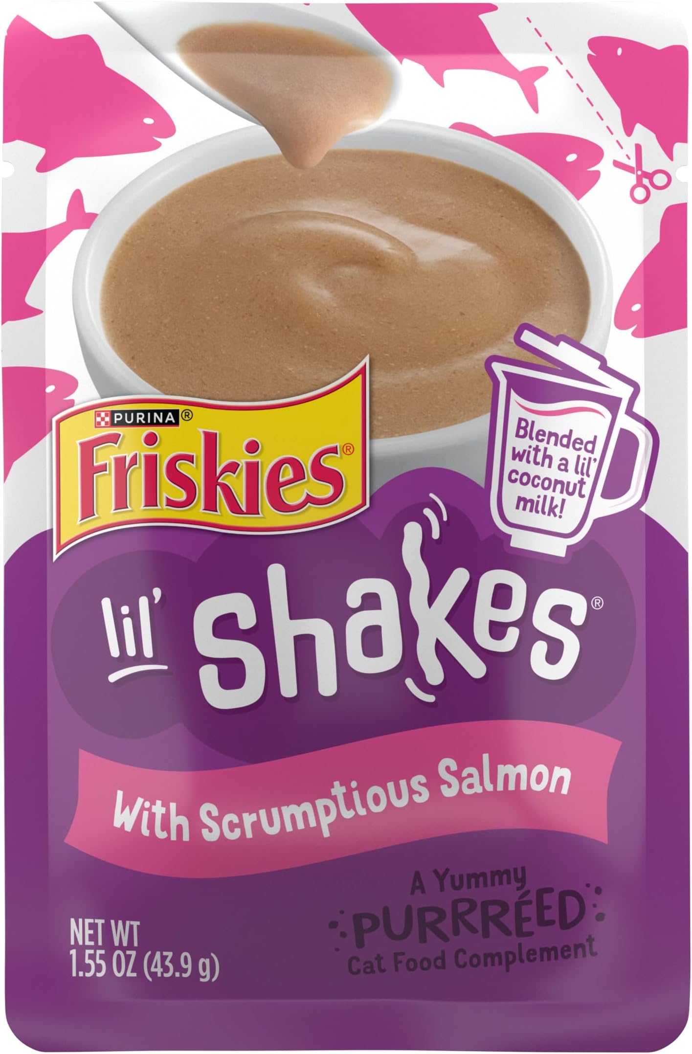 Purina Friskies Pureed Cat Food Topper, Lilโ Shakes With Scrumptious Salmon Lickable Cat Treats - (Pack of 16) 1.55 oz. Pouches