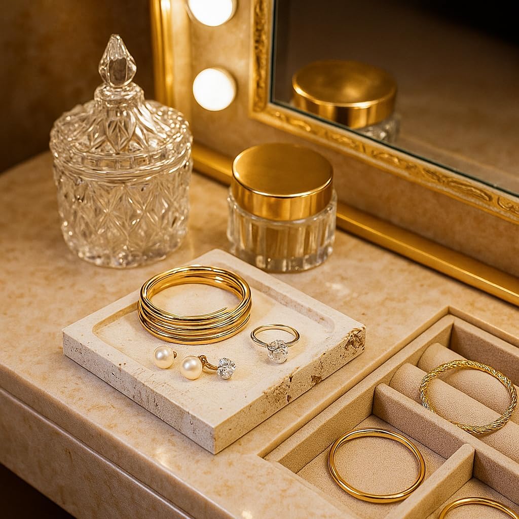 Natural Travertine Marble Square Jewelry Tray, 4.9" – Decorative Stone Accessory Dish for Rings, Earrings, Necklaces, Perfume and Keys, Gift for Women (Travertine)