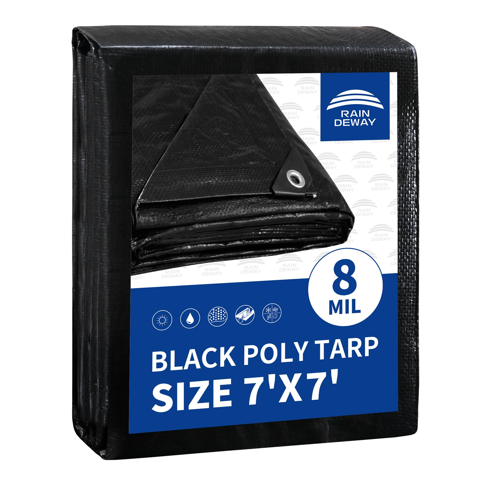 RAINDEWAY Black Tarps 7x7 Feet,UV Resistant, Multipurpose Medium Duty Waterproof Poly Tarp, Square Tent Tarp,Cover with Metal Grommets and Reinforced Edges, Finished Size — image 1