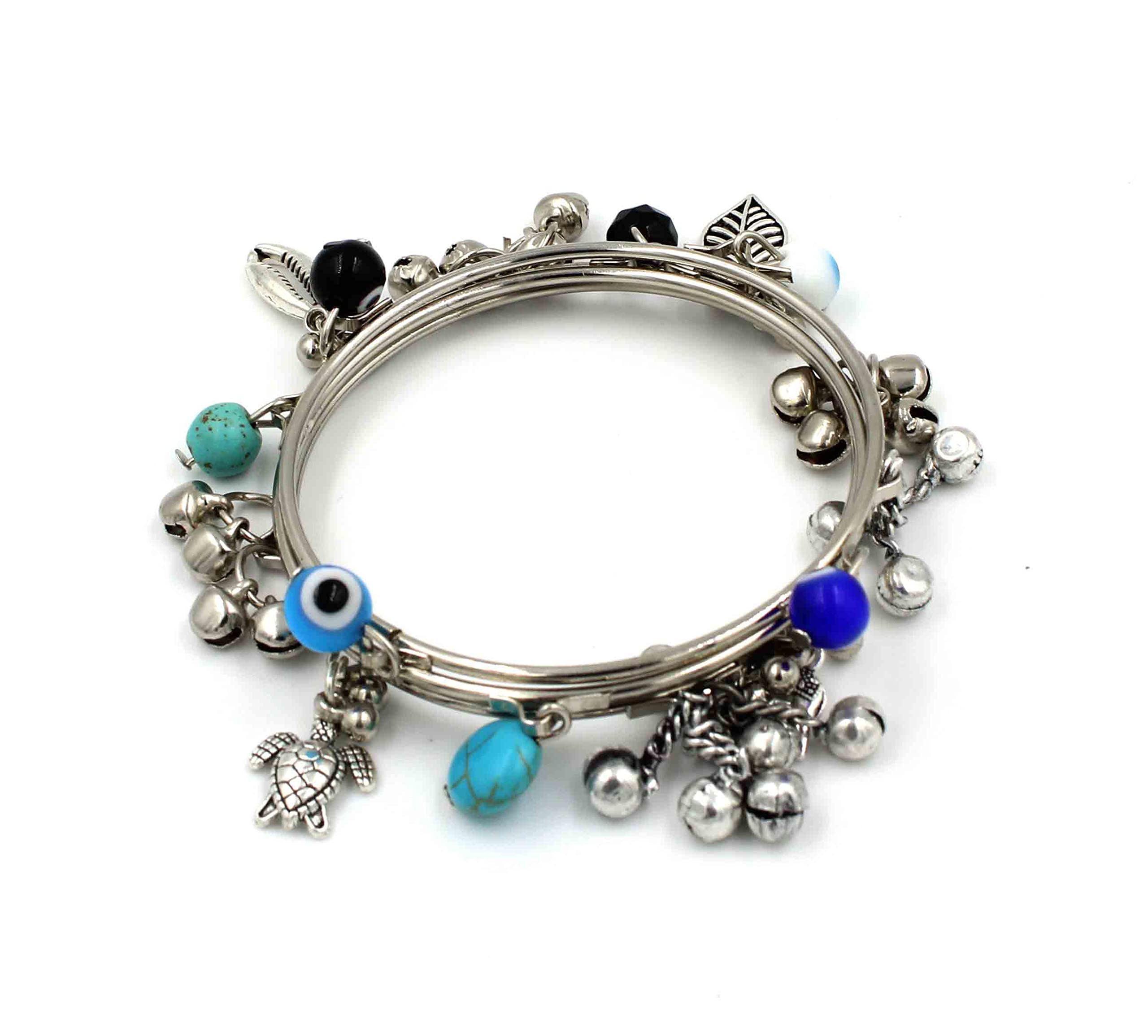 GURJARI JEWELLERS Womens Oxidised 4 Bangles with Turquoise,Evileye,Gungru Beads Charm Bangles Set