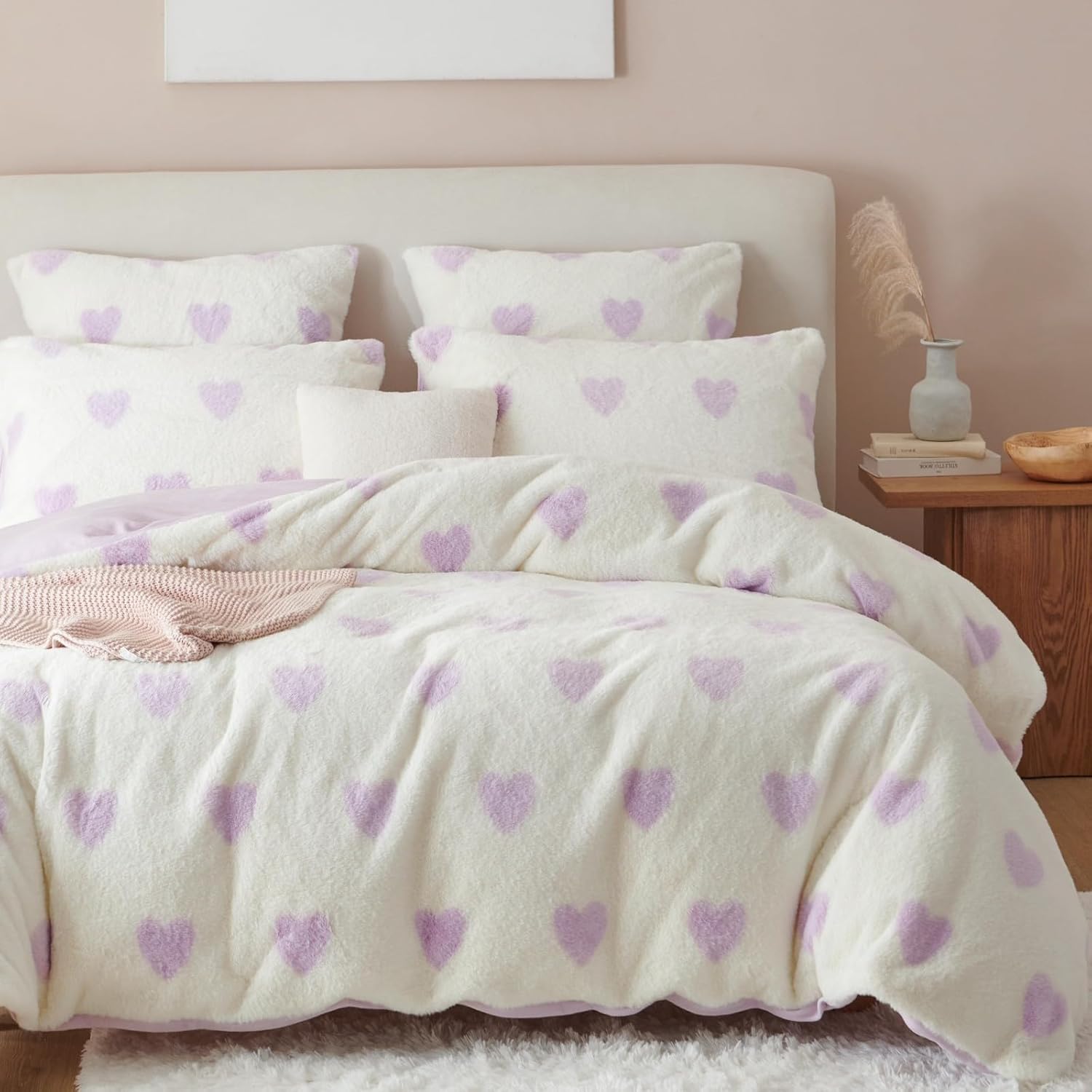Freyamy Plush Bed Linen Set 135 x 200 cm Purple White Heart Love Faux