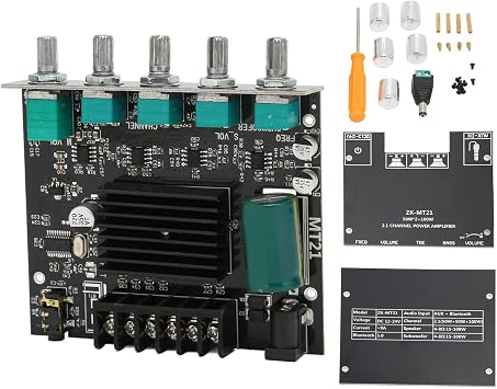 Bluetooth Power Amplifier Board, 2.1 Channel Stereo Sound Subwoofer Output BT AUX Input DIY Amplifier Board Replacement DC12 to 24V Digital Power Amp for 15 to 100W 4-8 Speakers