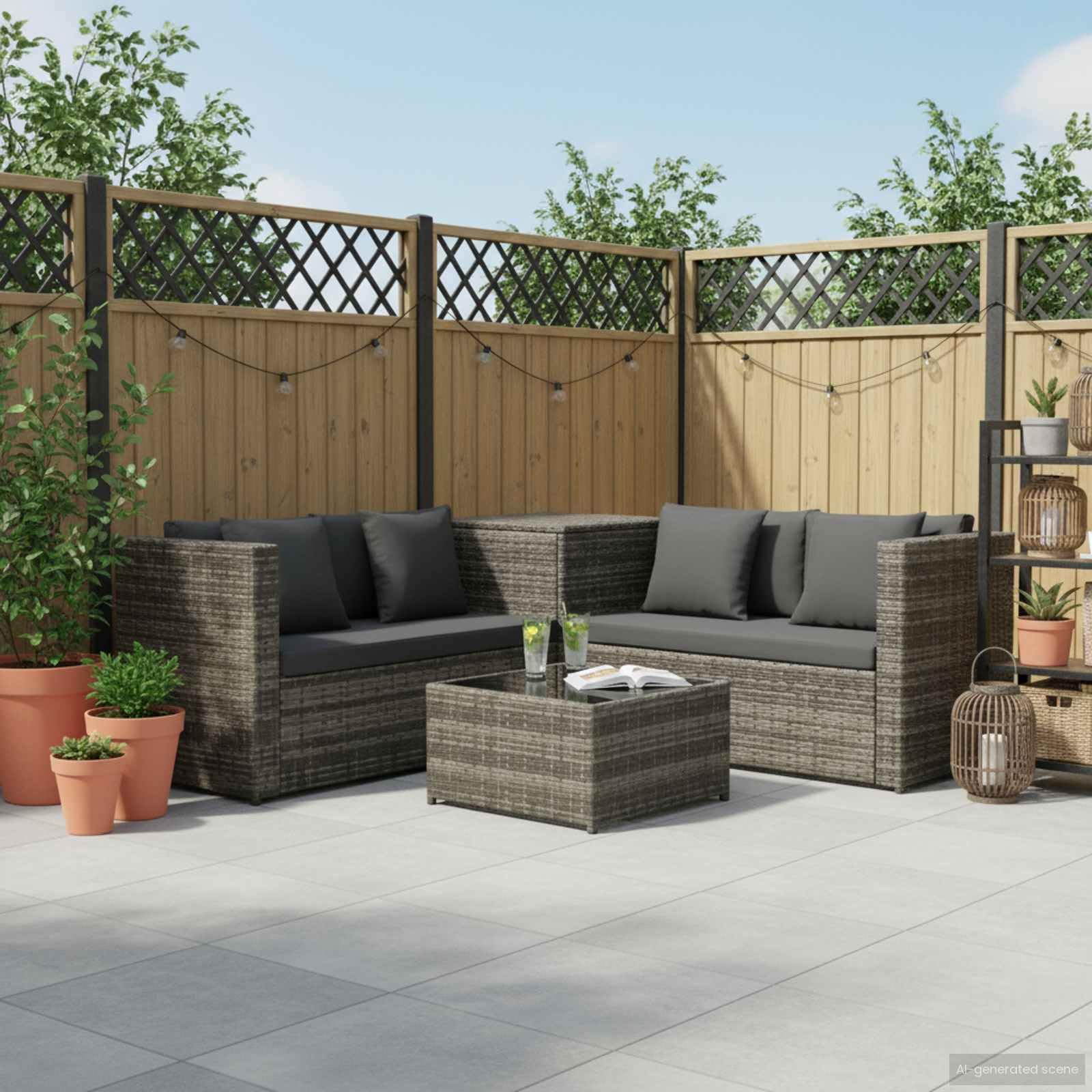 vidaXL Gartenmöbel 4-TLG. mit Auflagen Lounge Sofa Sitzgruppe Gartenset Sitzgarnitur Gartensofa Couchtisch Terrasse Poly Rattan Grau