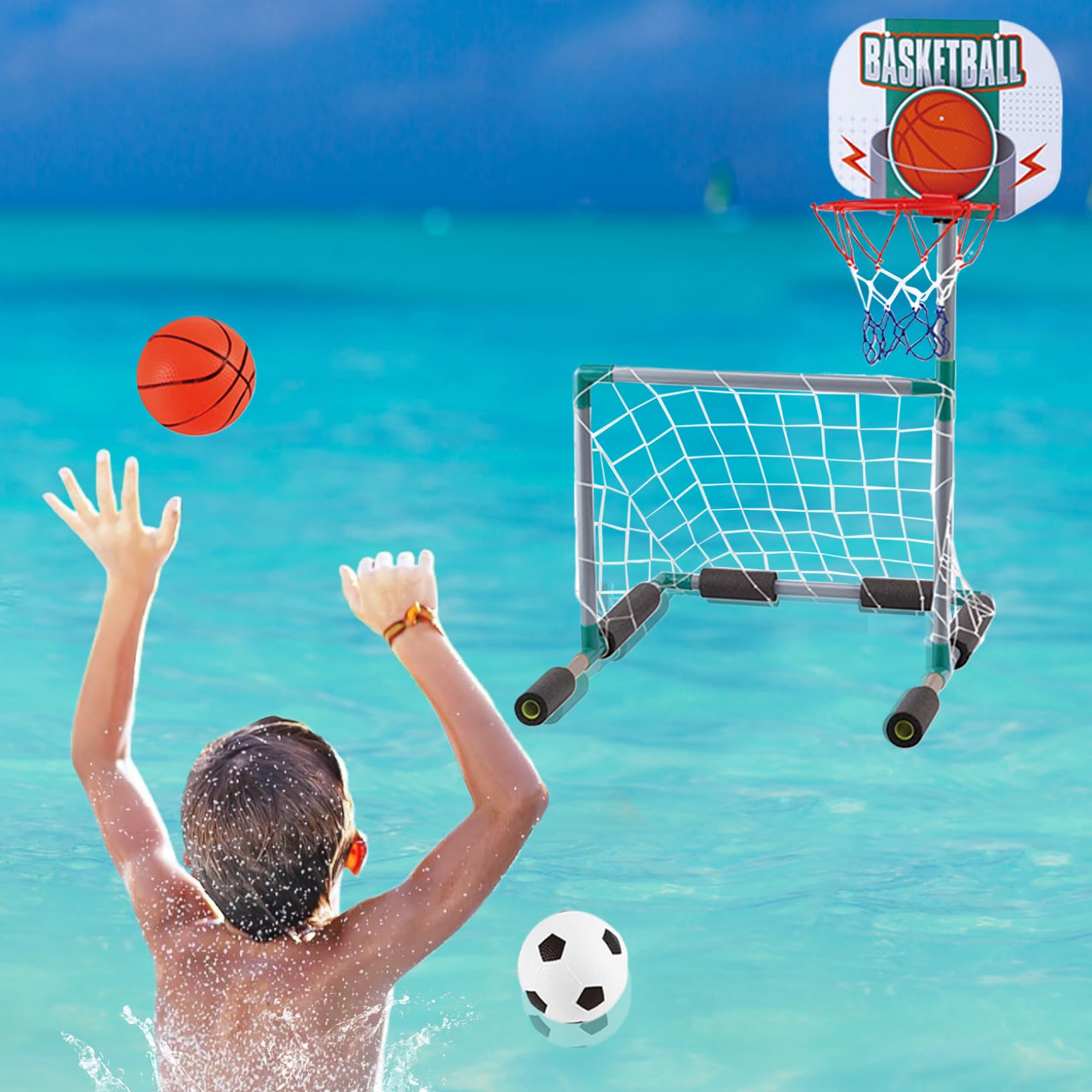 Giocattolo da Piscina Galleggiante 2 in 1, Canestro da Basket Gonfiabile e Set da Porta da Calcio con 2 Palline per Festa Estiva in Piscina per Bambini
