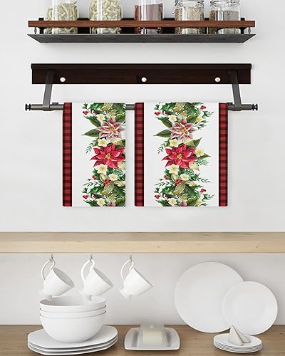 Miniatura 3 de Kitchen Towel 2 Packs Cotton Waffle Weave, Poinsettia Flowers Merry Christmas 16 x 24 Inch Absorbent Quick Drying Dish Towels Clothes for Kitchen