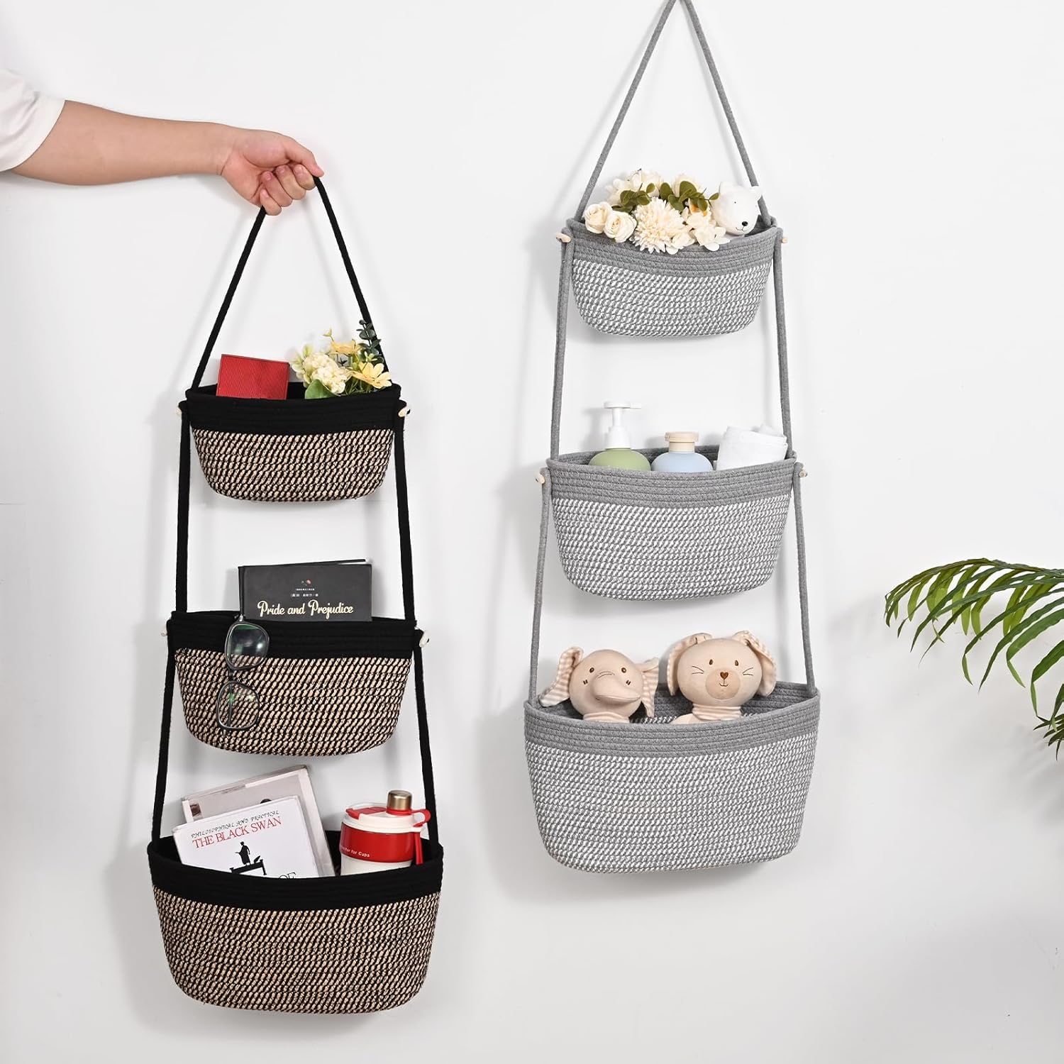 Hanging Storage Baskets, Over the Door Basket, Cotton Wall Baskets Storage, Hanging Door Basket with 4 Hooks