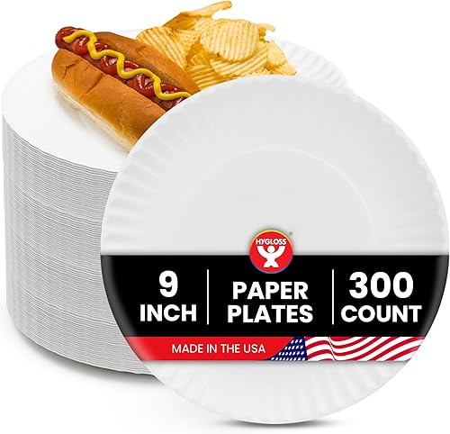 Hygloss Productos Platos de papel blanco sin recubrimiento de 9 "a granel, 9 pulgadas, paquete de 300, platos desechables para alimentos, postres o