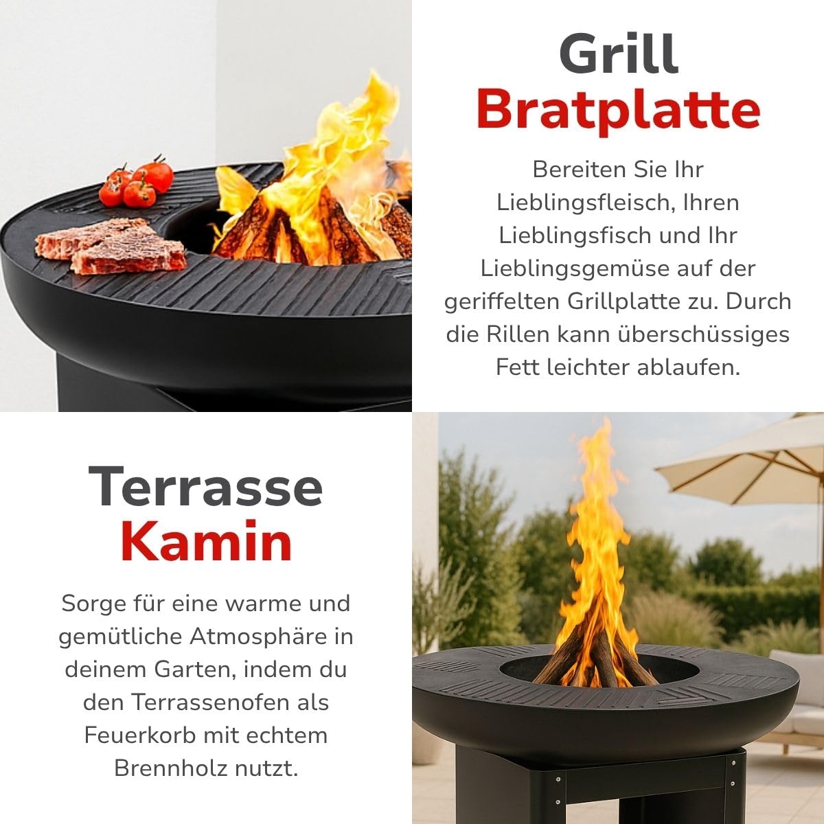 alpina 3-in-1 Feuerstelle und Grillplatte - Gartenkamin 61 x 90 cm - mit Teppanyaki-Grillplatte - Plancha Grill mit Brennholzaufbewahrung - Feuerstelle für den Außenbereich - Metall