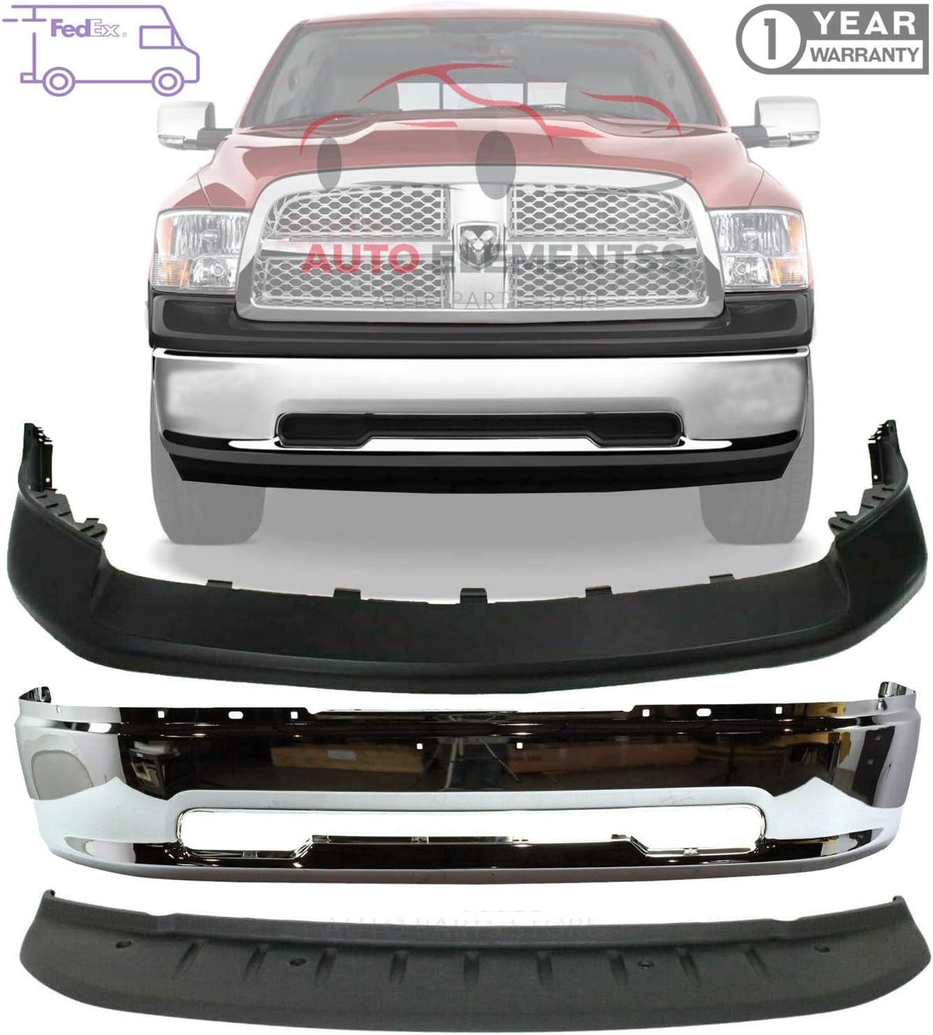 Front Bumper Chrome Steel + Upper Cover Textured Black + Lower Valance Air Dam For 2009-2012 Ram 1500 OE Direct Replacement