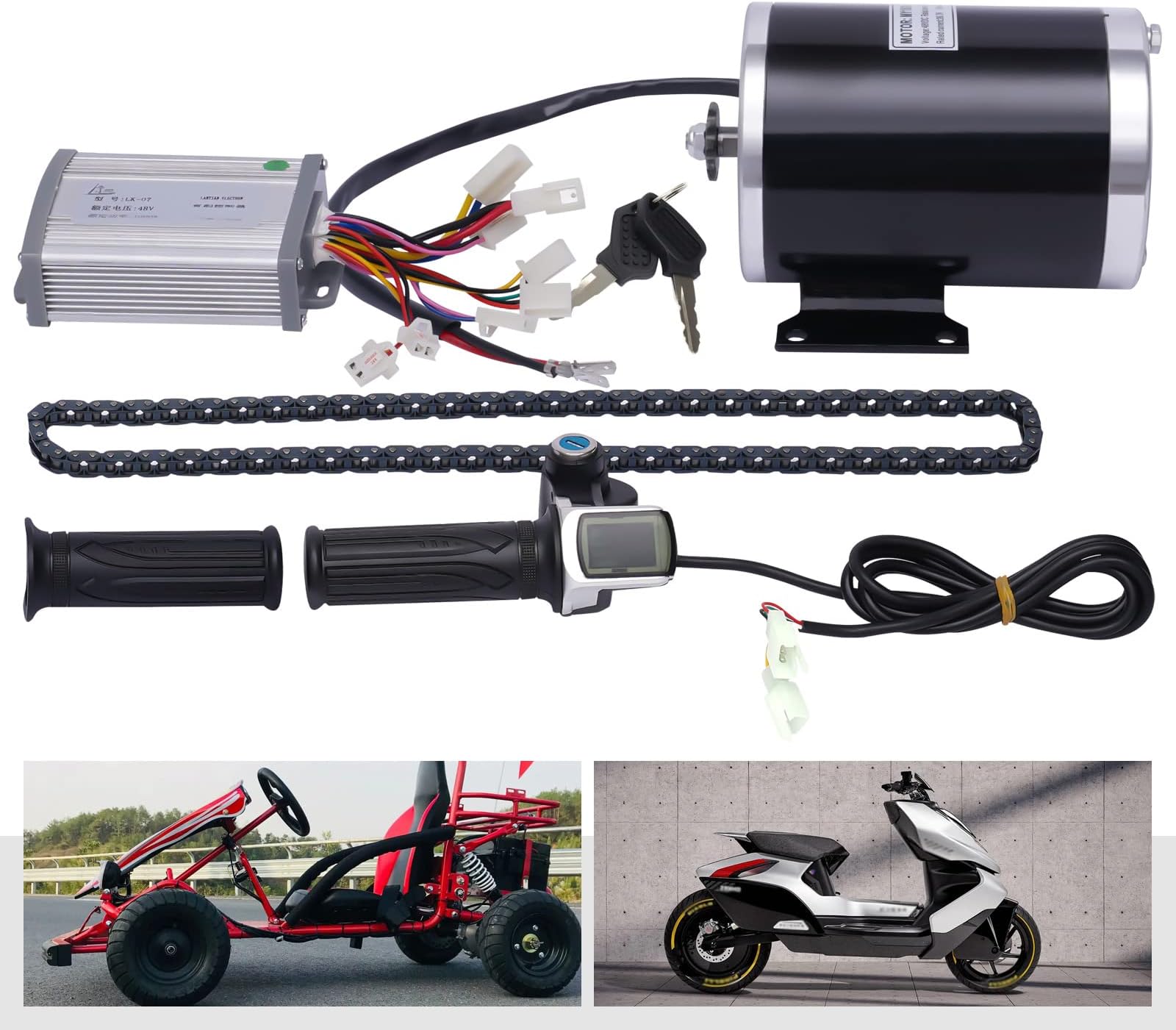 48V 1000W Brush Electric Bicycle Conversion Kit w/Controller Brush Motor Kit with Drive Handle&Chain & Regular Handle Cover & Keys for Electric Bicycle ATV Small Karts Beach Bikes