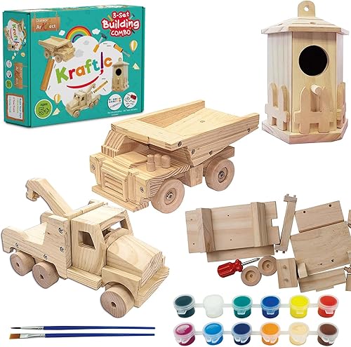 Kraftic Kit de construcción de carpintería para niños y adultos, con 3 piezas educativas de carpintería, construcción de madera, proyectos de
