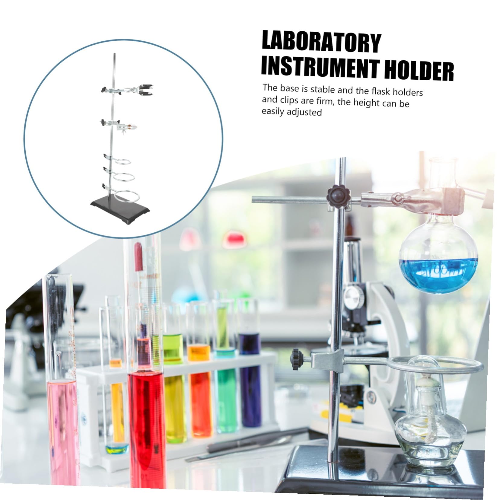 INOOMP Laborstativ aus Eisen mit Stabilem Fuß und 6 Halterungen zur Befestigung Verschiedener Laborinstrumente für Chemische Experimente im Labor