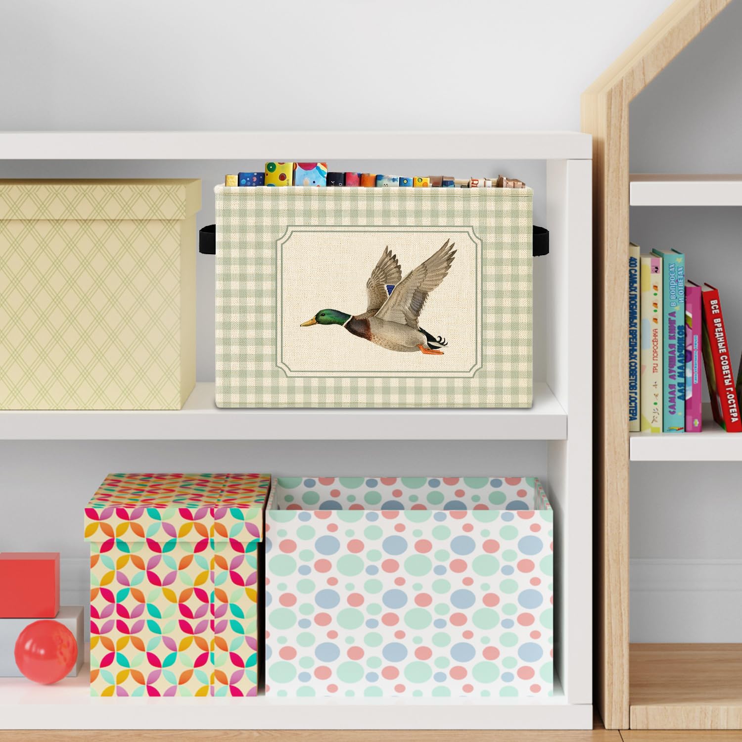 Green Checkered Mallard Duck Storage Bins Box with Handles, Rustic Flying Mallard Duck Plaid Laundry Basket Hamper Collapsible Clothes Toys Organizer for Kids Boys Bedroom Bathroom