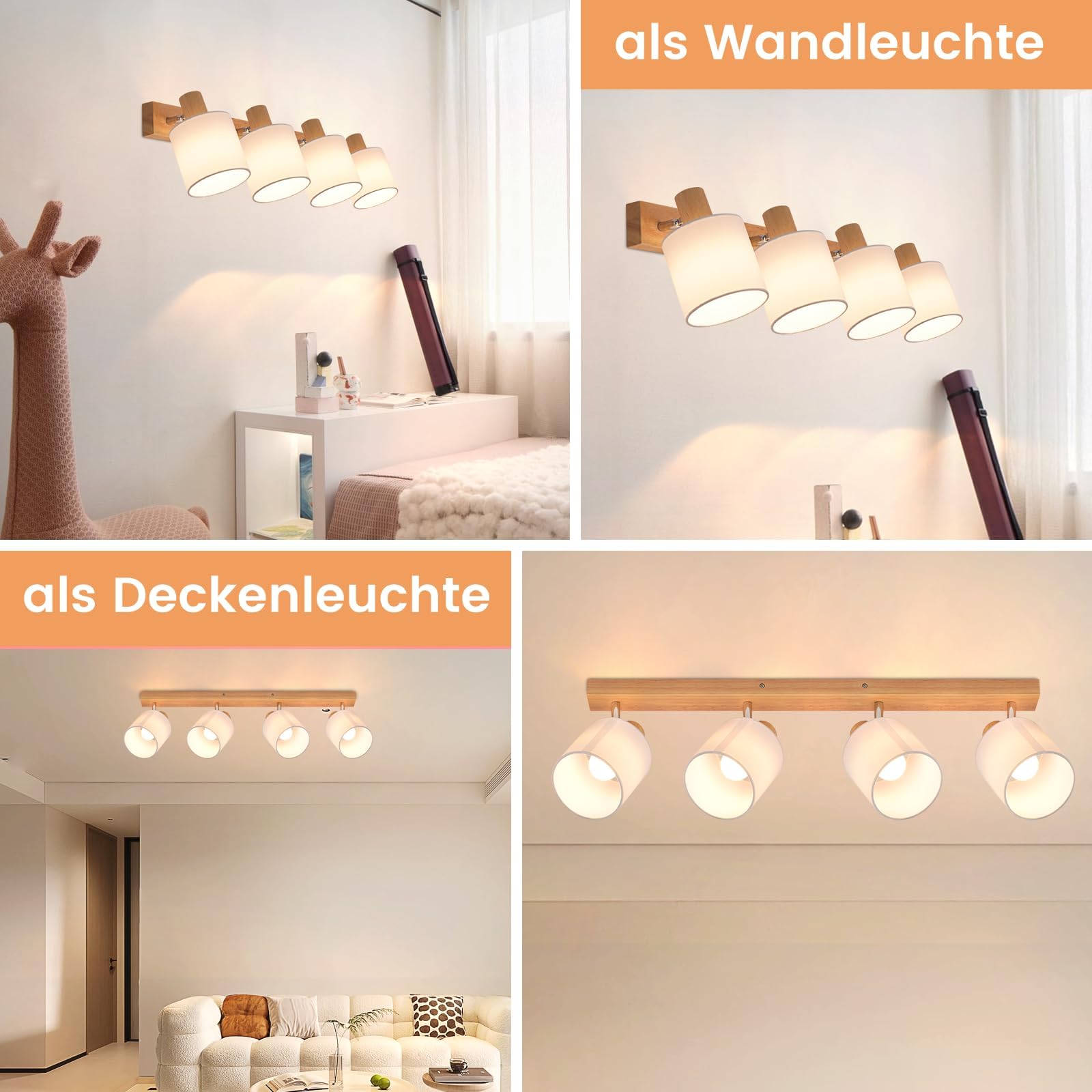 Deboola 4-lichts plafondspot houten plafondlamp - vintage woonkamer plafondlamp witte spot draaibare E14 plafondspots hal slaapkamer keuken eetkamer - lamp niet inbegrepen