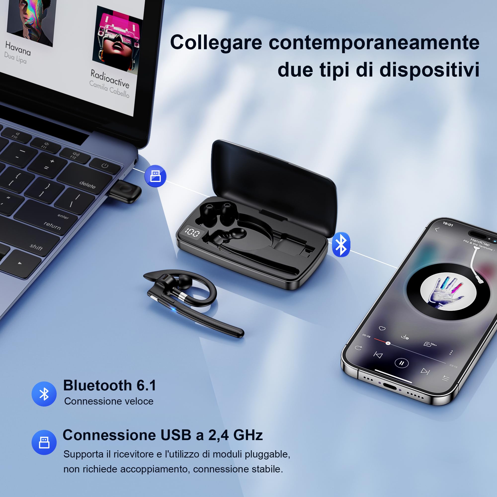 Auricolare Bluetooth 6.1 AI Singolo con CVC8.0 Microfono e USB, In Ear Cuffie Senza Filo Connessione a due Dispositivi, Custodia di Ricarica LED, 180 ore di Standby Cuffie per Guida/Lavoro/Ufficio