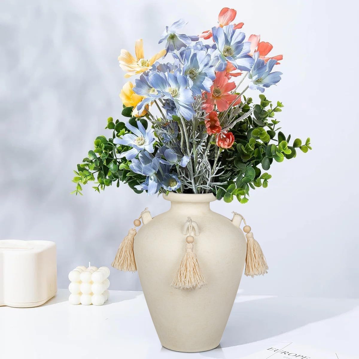 Large Decorative Ceramic Vase with Tassels, 9.4" White Boho Flower Vase with Handles, Textured Rustic Farmhouse Vases for Home Decor, Table Centerpiece, Living Room, Entryway, Wedding, Party Decor