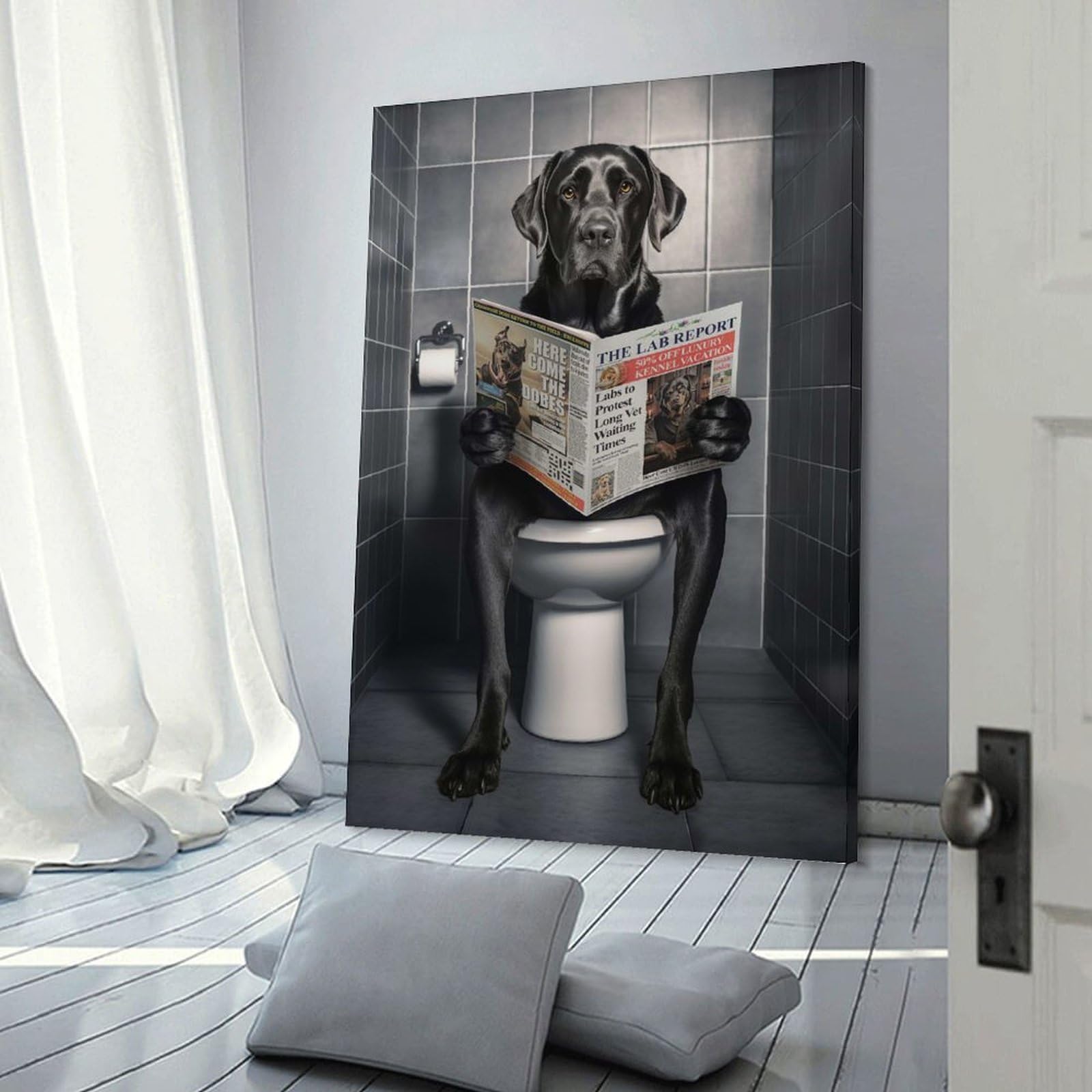 Junmoney Black Labrador on Toilet Home Decor Wall Art 08x12inch(20x30cm), for Hallway, Bedroom Or Modern Interiors, Canvas Artwork with Gifting Potential