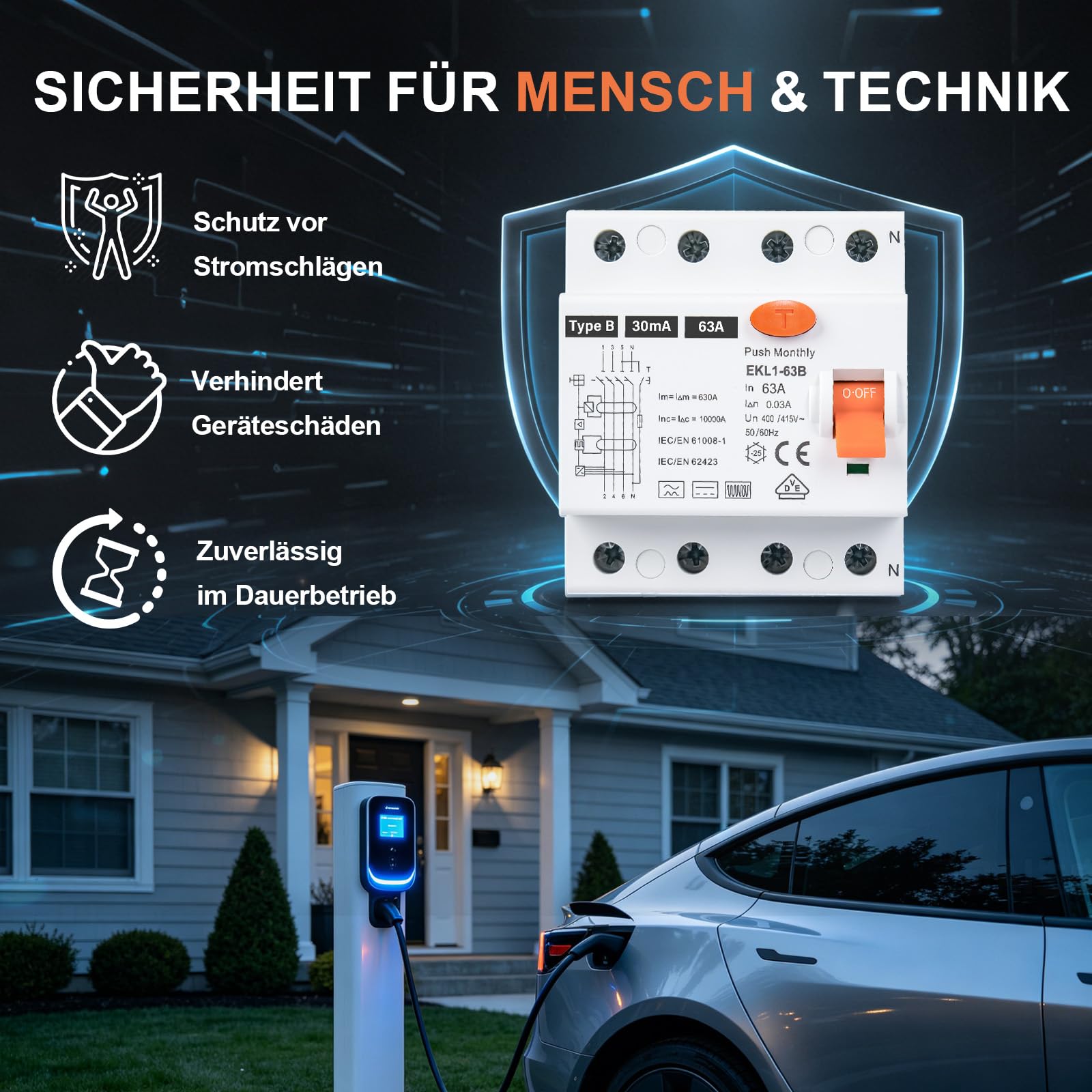 FI Schutzschalter Typ B 63A 30mA 4-polig, Allstromsensitiver RCD für Wallbox & Ladestation, Fehlerstromschutzschalter mit VDE Zertifizierung, DIN-Hutschiene Montage