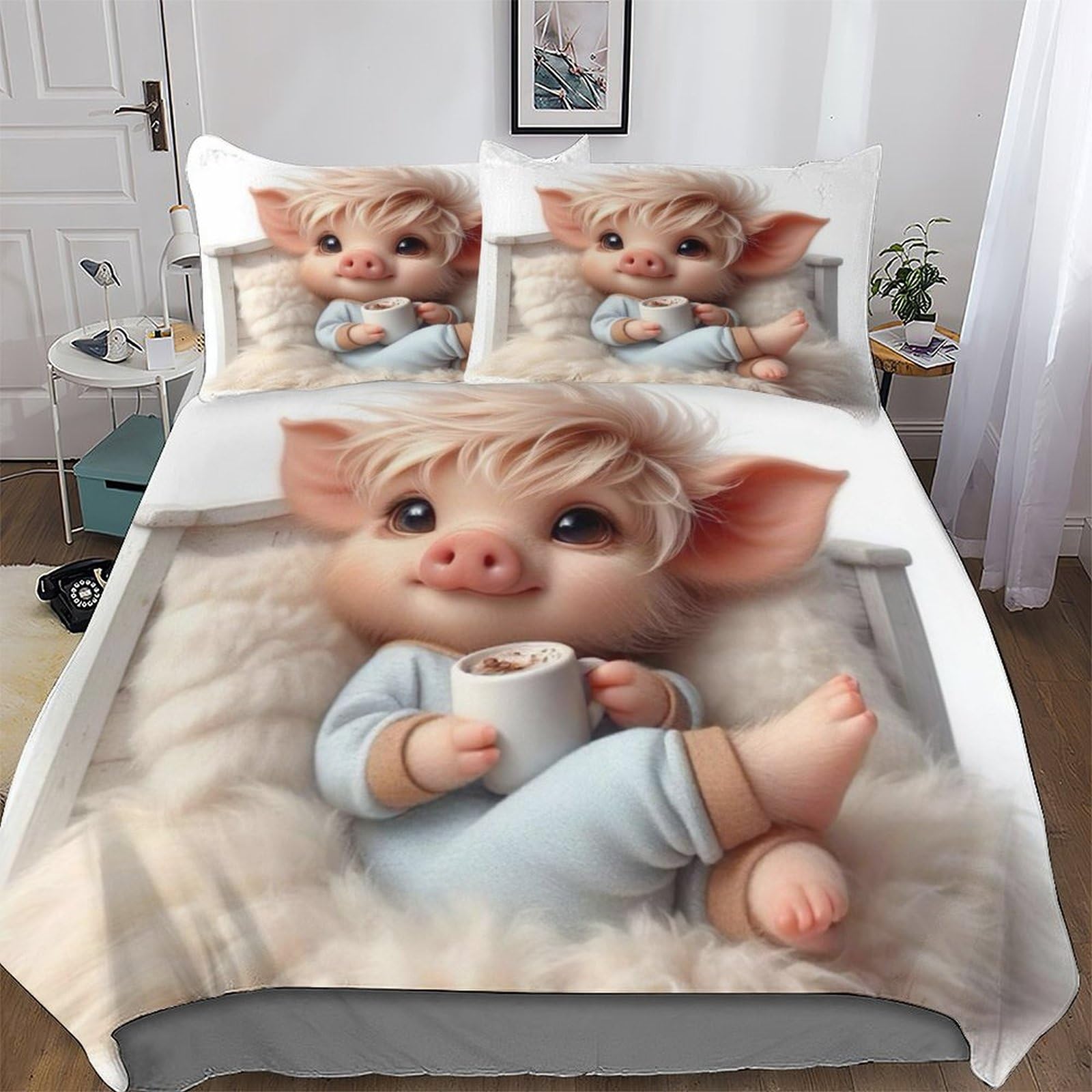 Housse de couette cochon 3D en microfibre respirante et douce pour lit King