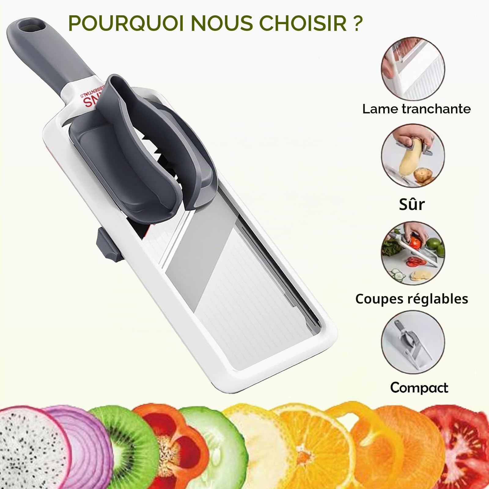 Mandoline pour cuisine - Lames réglables en acier inoxydable avec prise en main confortable - Trancheuse de légumes pour concombre, oignon, pomme de terre de petite et moyenne taille - Gris