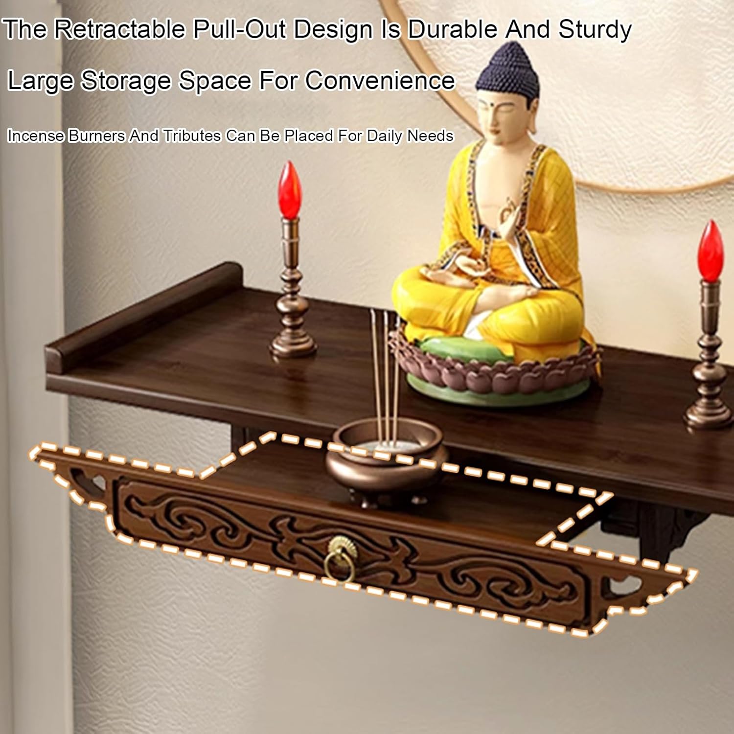 Bamboo Buddha Altar Shelfe with Pull-Out Tray, Altar Table, Can Be Hung or Placed on The Desktop for Prayers/Divination/Relaxation(66cm/26'',Desktop)