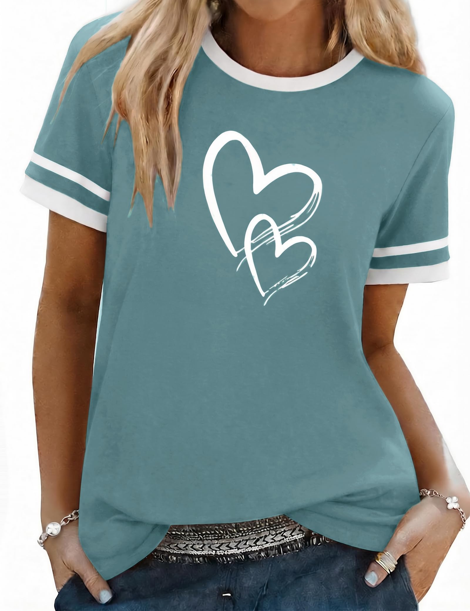 Aottori T-Shirt Damen Baumwolle Rundhals Kurzarm Oberteil Sommer Basic mit Herzen Print Tee Shirts Frauen Stretch Oversize Top Casual