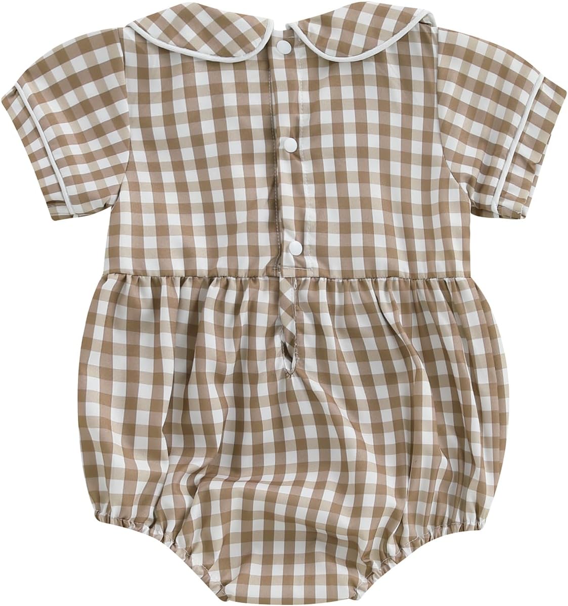 Baby Brother Romper Infant Boy Letter Print Bubble Rompers Gingham Babydoll Collar Short Sleeve Smocked Bodysuit - Image 2