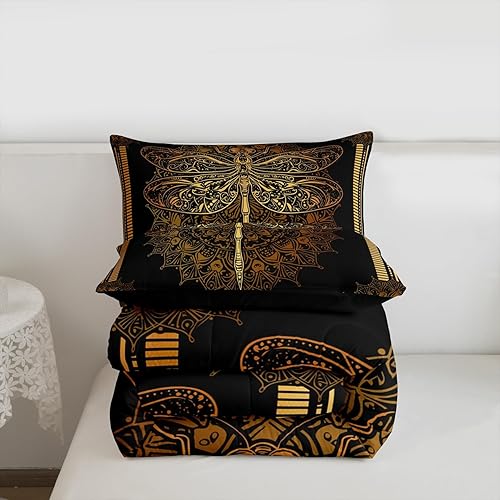 Miniatura 7 de Erosebridal Juego de ropa de cama de libélula gótica, juego de edredón de mandala hippie dorado, bohemio, floral, juegos de edredón y juegos de