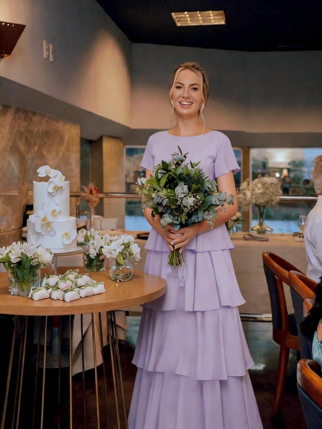 Tiered Chiffon Bridesmaid Dresses for Women with Flutter Sleeves A Line Long Formal Wedding Guest Dress - Image 5