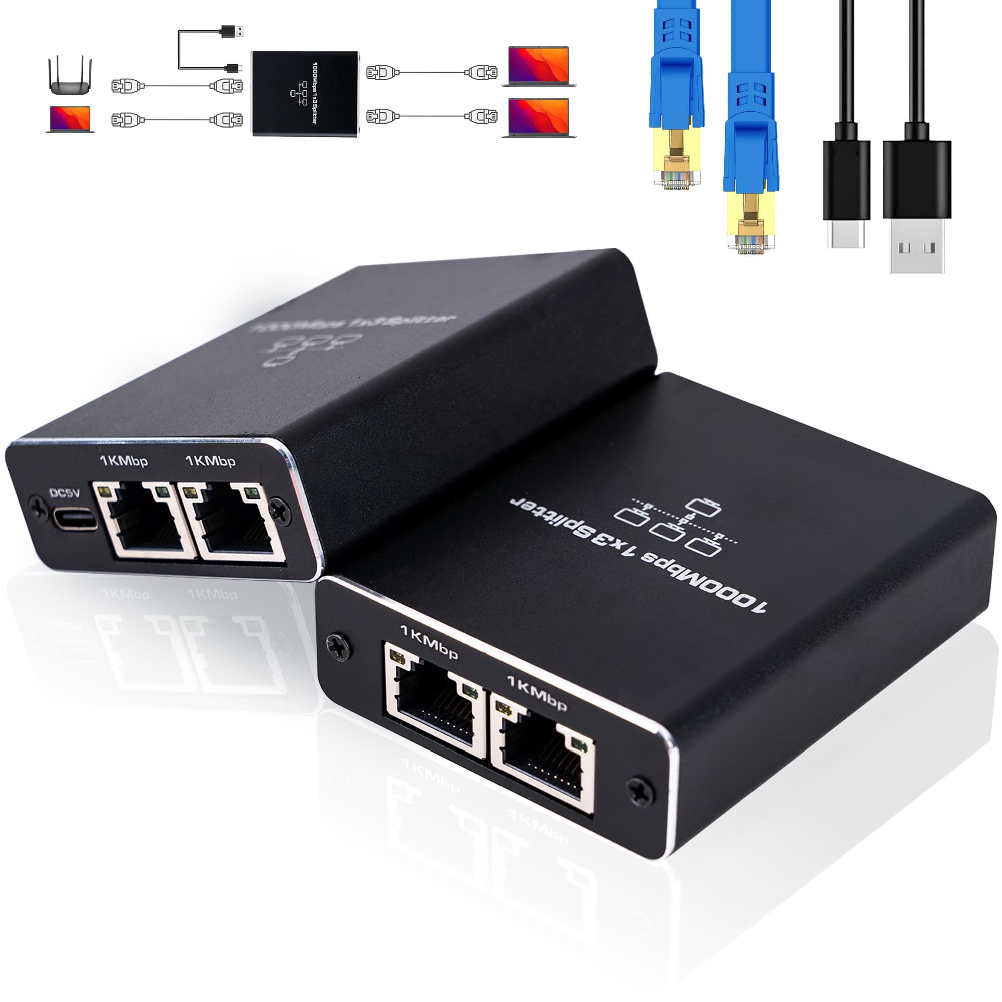 LIEZHUA Répartiteur Ethernet 1 vers 3, 1000 Mbps haute vitesse Ethernet avec câble LAN Cat 6 [3 appareils réseau simultané], extension de réseau LAN Gigabit RJ45 pour câble Cat8/7/6/5e/5