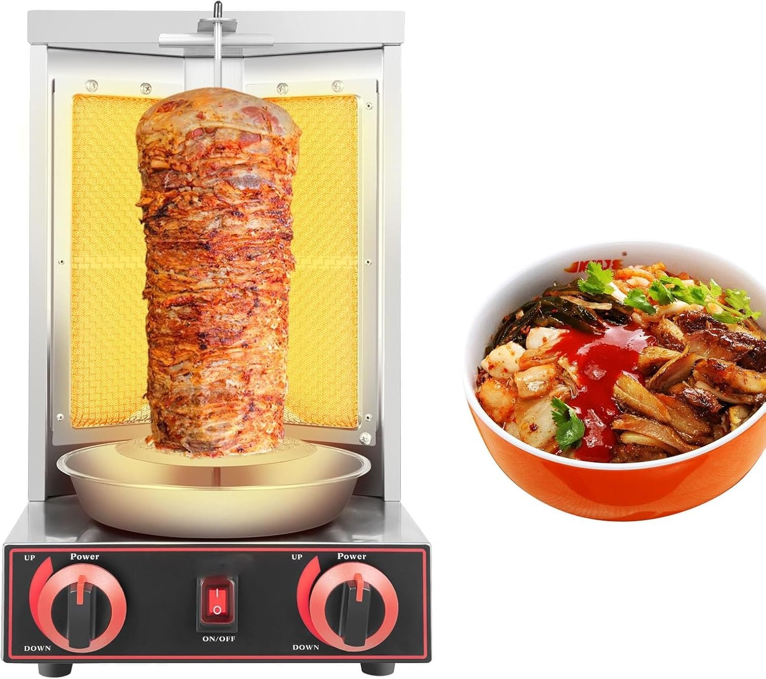 Pionowy grill gazowy, komercyjny grill shawarma, kebab, żyroskop i tacos.