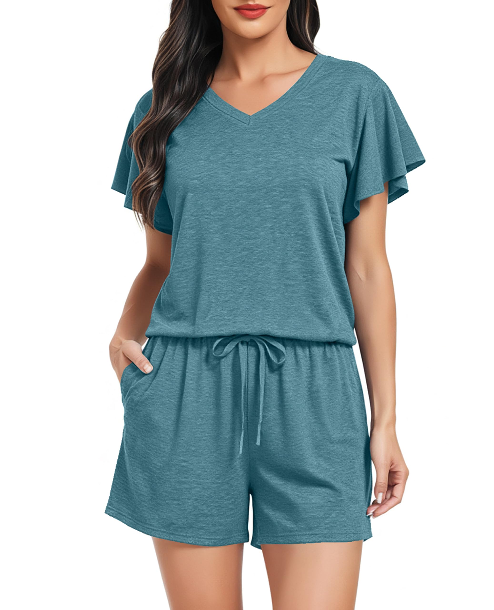 Lovasy Kurzer Schlafanzug Damen Sommer Pyjama Set Kurzarm V-Ausschnitt Schlafanzüge für Damen mit Taschen