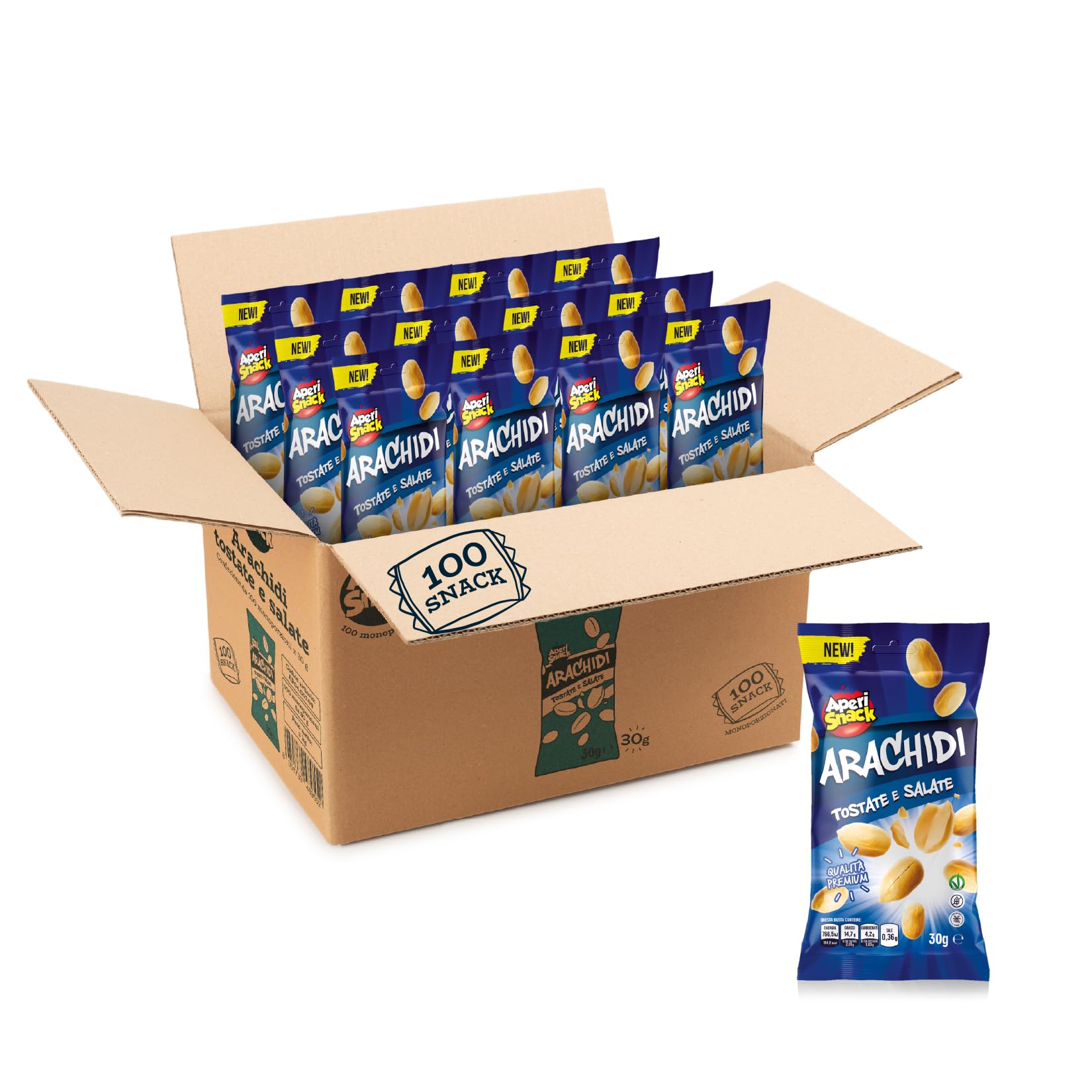 Aperisnack® - AP04.001.08 Box 100pz, Arachidi Tostate e Salate Box 100pz in bustine monoporzione da 30g ideale come snack da portare con se