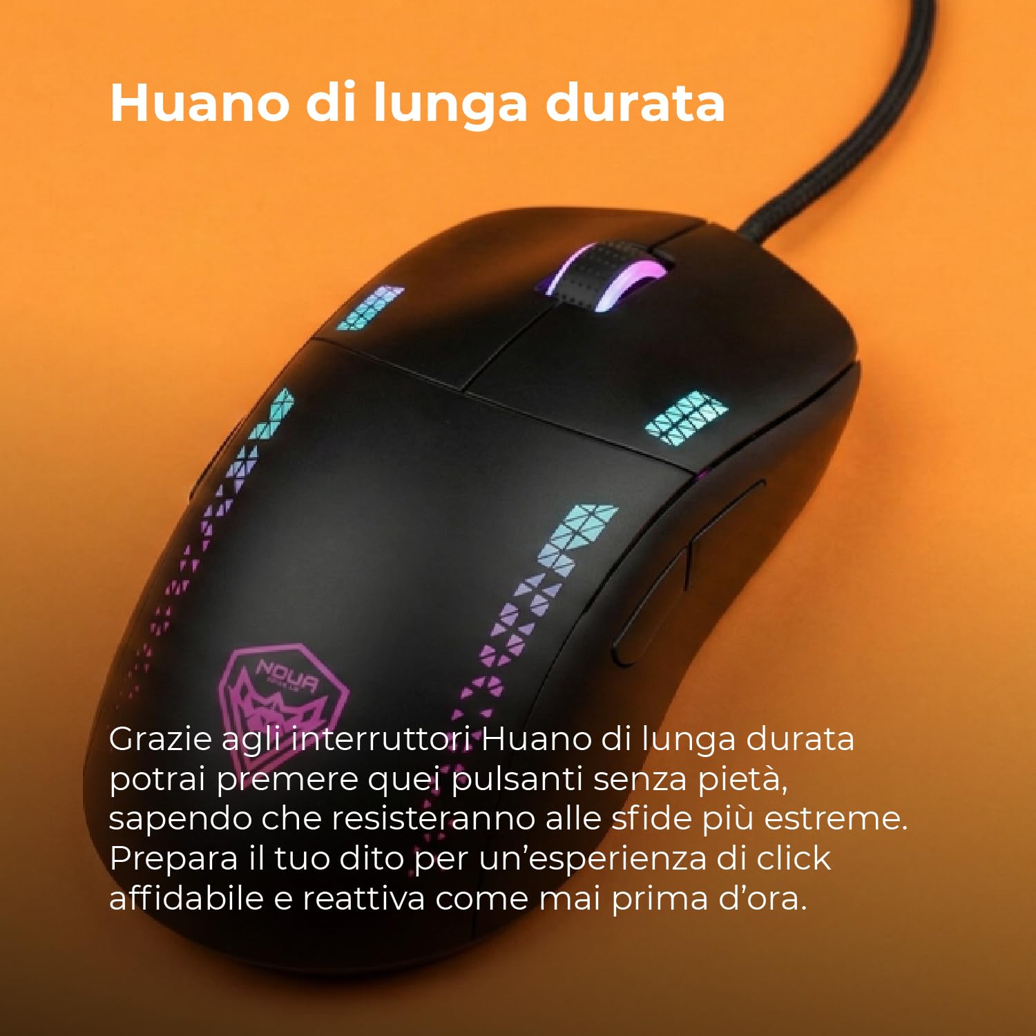 Noua Loop Mouse Gaming RGB | Sensore Pixart 3335 fino a 32000 DPI | 70g Ultra-Leggero | 9 Pulsanti Programmabili | Switch Huano | Ambidestro | Software Dedicato | Nero