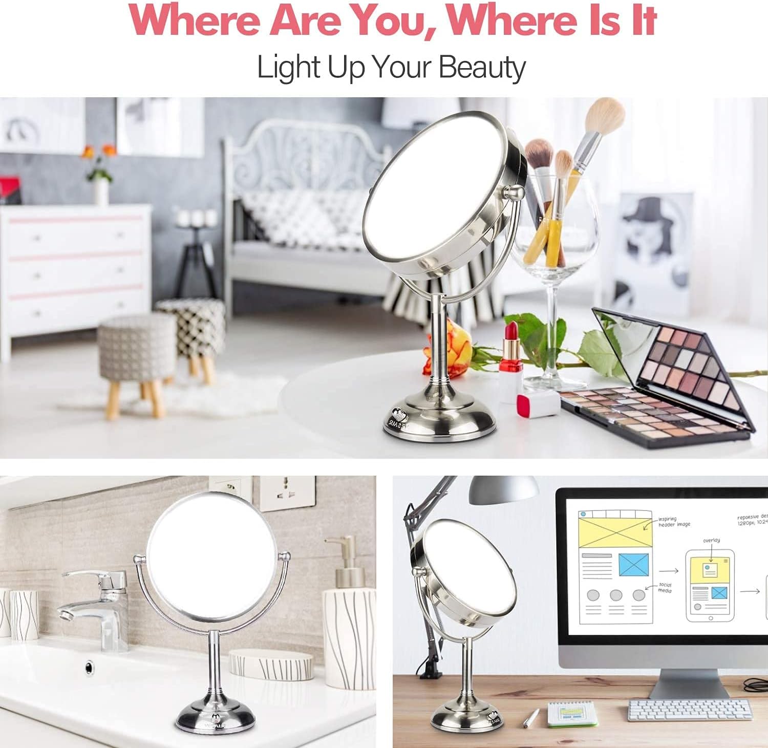 Promo 40% OFF VESAUR Professional 10 [Large Tall Size] Lighted Makeup Mirror, 2-Sided Magnifying Vanity Mirror with 48 LED Lights, Senior Satin Nickel Cosmetic Mirror, Brightness Adjustable (0-1100Lux)