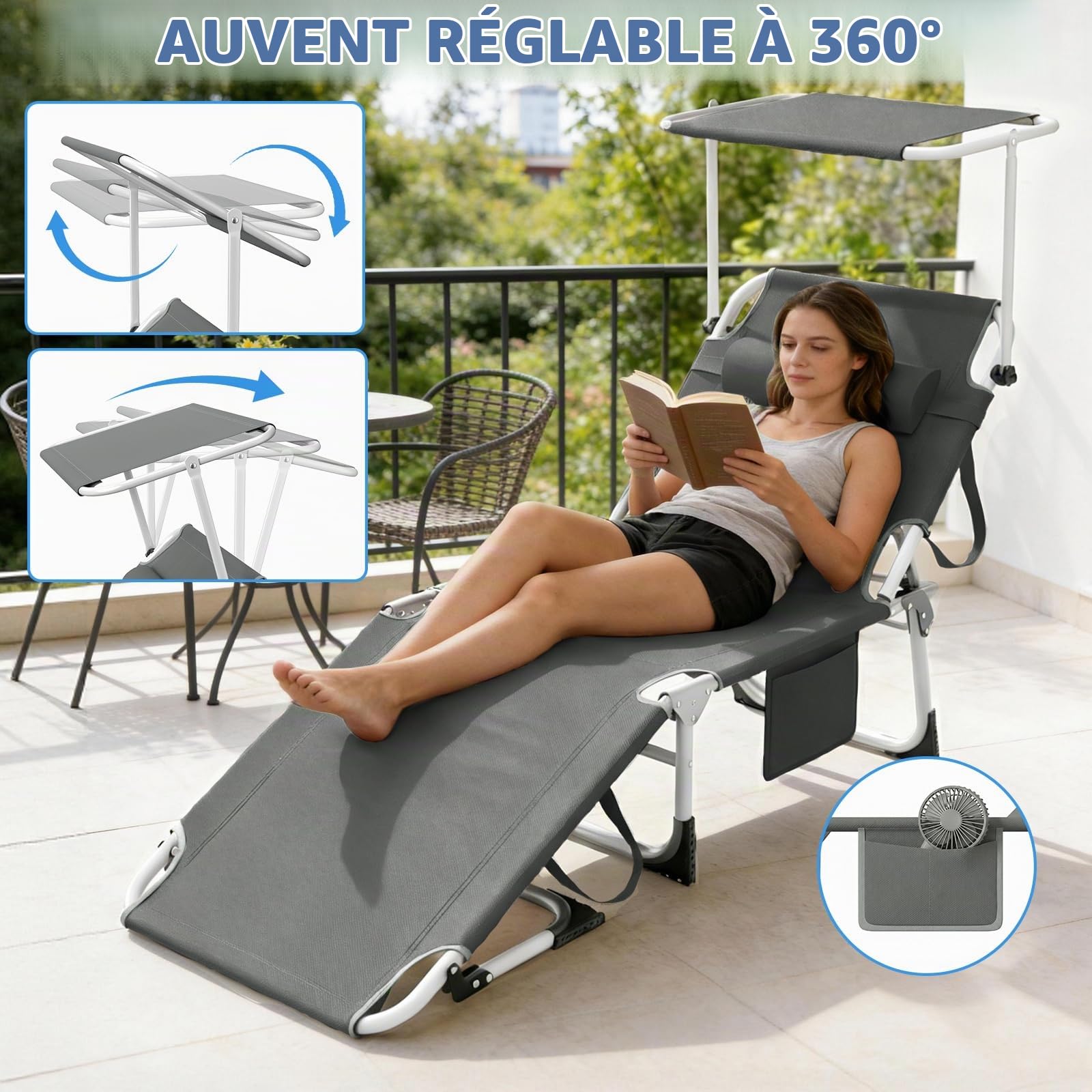 Huracan Chaise longue pliable avec pare-soleil, chaise longue légère de jardin avec dossier réglable en 4 positions, chaise longue portable avec oreiller de tête, chaise longue pour le camping et la