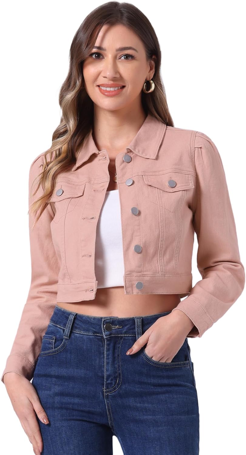 Allegra K Women's Denim Jackets Jean Puff Sleeve Button Up Cropped Jacket