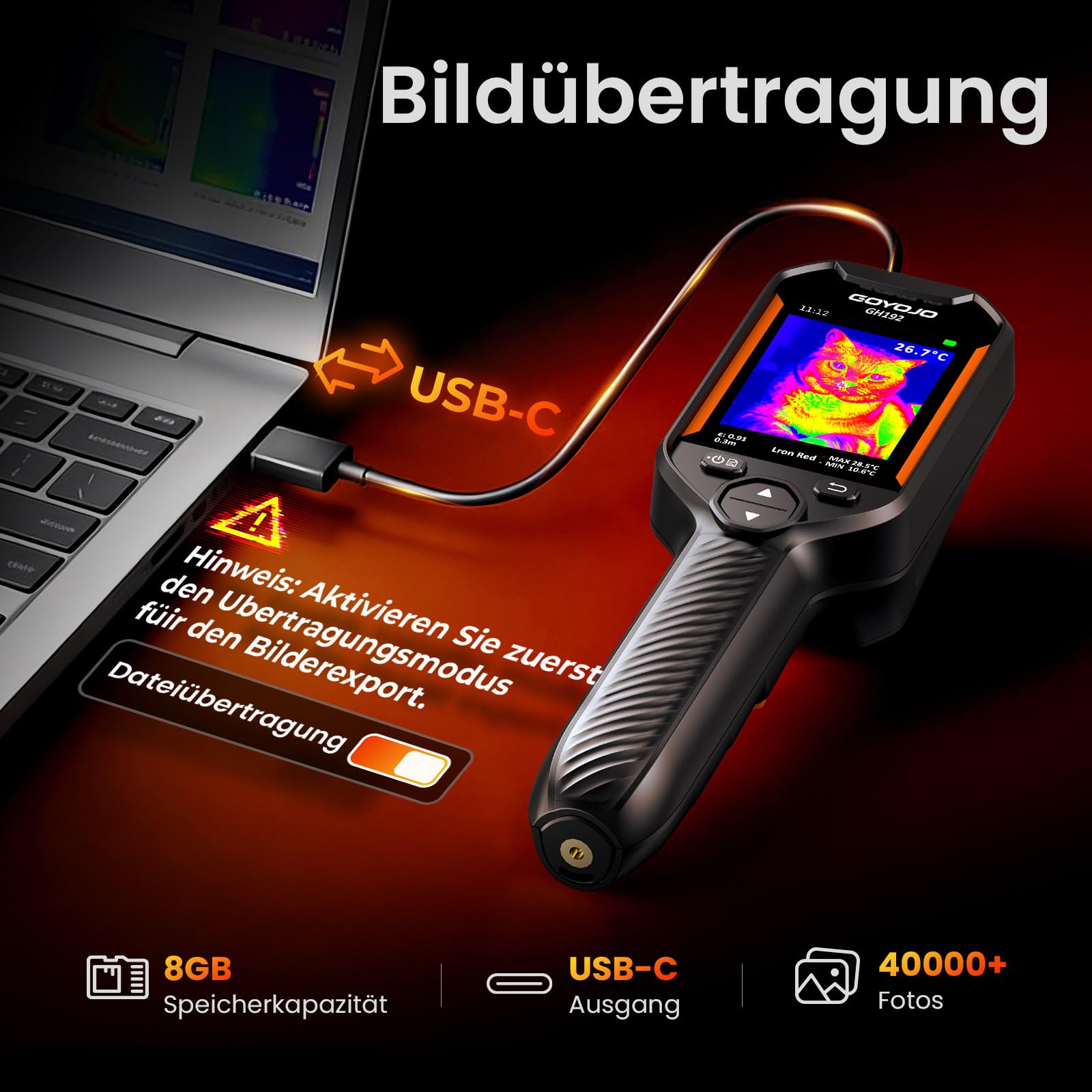 GOYOJO Wärmebildkamera 240×240 IR-Auflösung, 25Hz Infrarotkamera mit 2MP Sichtkamera, -20°C bis 550°C, Handheld Infrared Camera Thermal Imaging für Hausinspektion, Lecksuche, Elektrik und HVAC