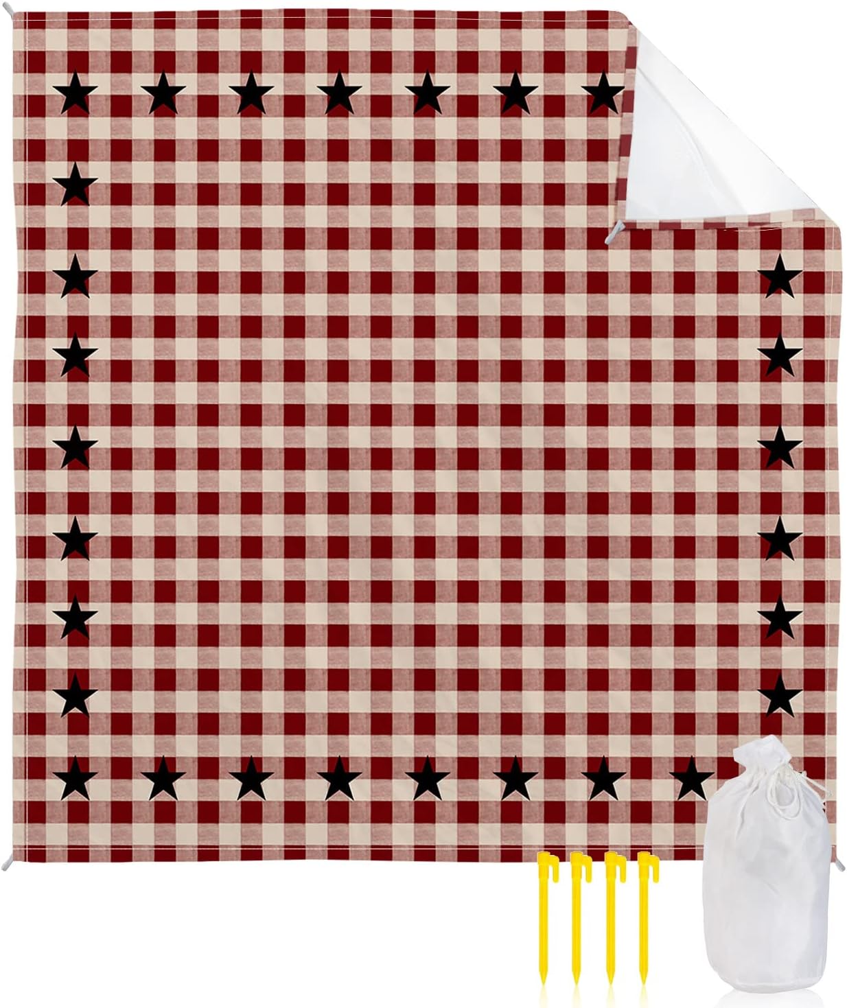 Retro Country Stars on Red White Buffalo Check Beach Blanket Waterproof Sandproof Outdoor Picnic Mat 118"x108" Farm Pastoral Lightweight Large Beaach Blankets with 4 Stake & 4 Corner Pockets