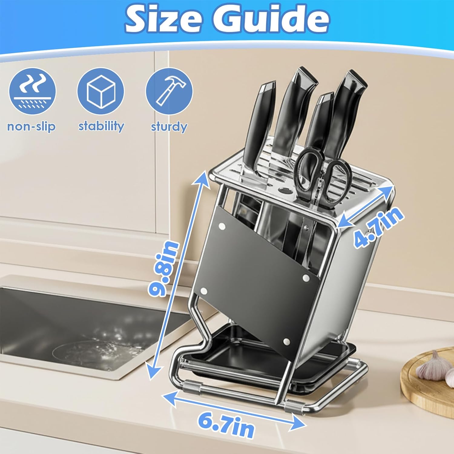 Stainless Steel Knife Block without Knives, Knife Storage with 9 Slot, Universal Knife Holder with Removable Drip Tray, Butcher Block Knife Stand for Easy Kitchen Storage, Gray
