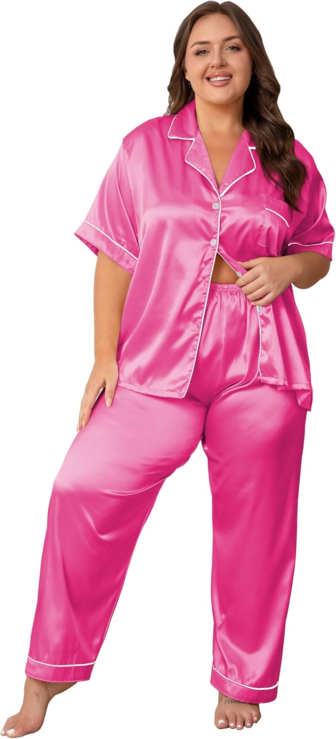 Vozanet Women's Button Down Satin Pajama Sets Silky Short Sleeve Top & Pants Plus Size Loungewear Classic Sleepwear XL to 5XL
