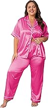 Vozanet Women's Button Down Satin Pajama Sets Silky Short Sleeve Top & Pants Plus Size Loungewear Classic Sleepwear XL to 5XL