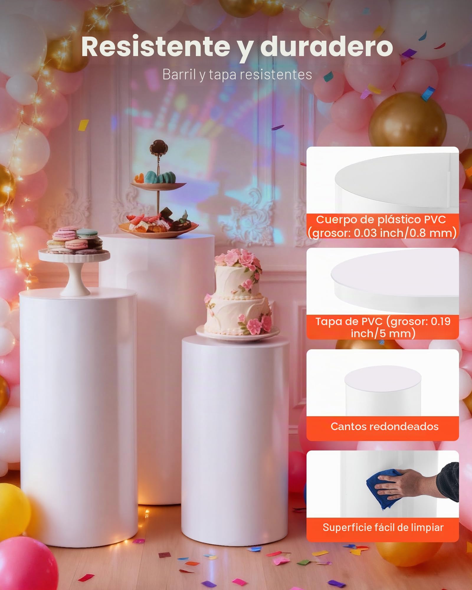VEVOR Soporte Floral para Bodas, 3 Piezas, Pedestal Cilíndrico Redondo de 60/75/90 cm, con Tapa de PVC, Ideal para Bodas, Fiestas, Cumpleaños y Decoración Artística, Soporta hasta 15 kg