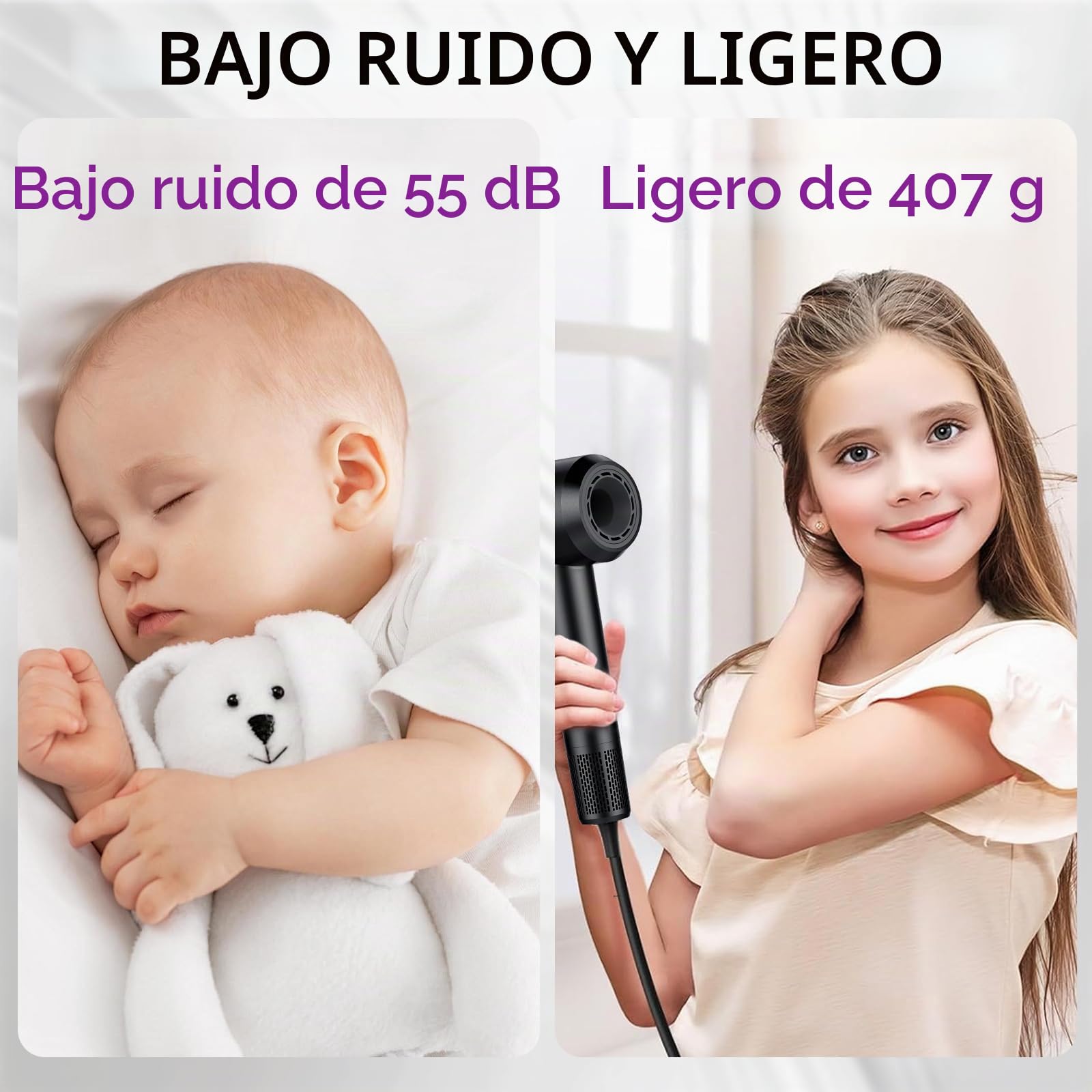 Secador de Pelo, Secador Pelo Profesional Iónico Portátil 160000 RPM, Secado Rápido, 500M Iones, Control de Temperatura, Con Difusor Magnético y Boquilla, 4 Niveles de Temperatura y 3 Velocidades