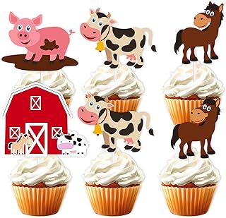 18pcs Farm Animal Cow Glitter Dessert Cupcake Topper for Farm Animal Theme Decor Supplies Baby Shower Boy Girl Happy Birthday Party Decoration