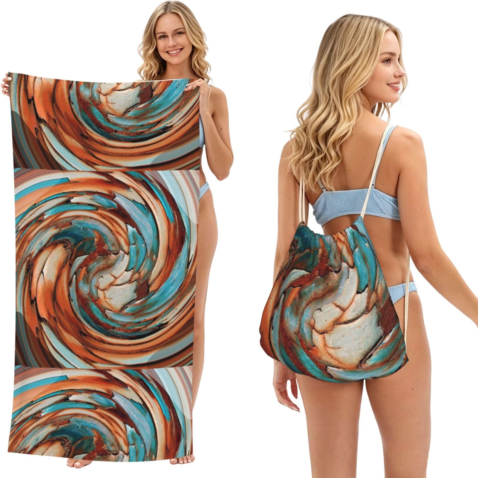 Poadnly As Picture Rust Blue Abstract Art, 2 In 1 Packable Towel Bag, Beach Towels With Drawstring Backpack For Travel Holiday Camping